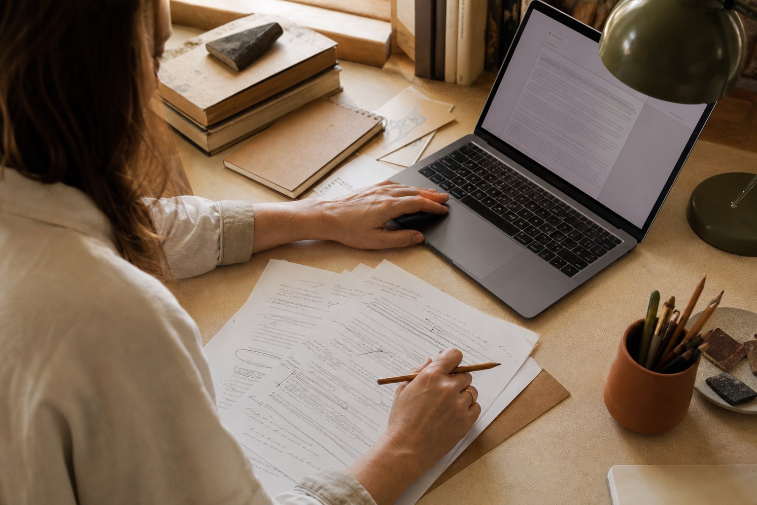 Redacteur vergelijkt een laptoptekst met geannoteerde afdrukken aan een rustige werktafel
