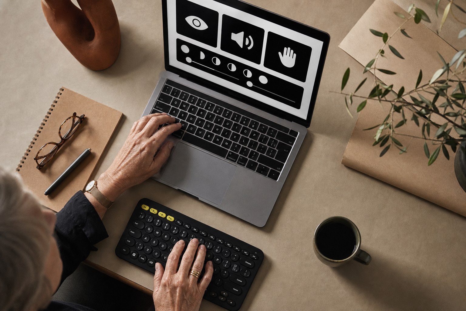 Professional bedient een laptop met een contrastrijke toegankelijkheidsweergave en een compact toetsenbord