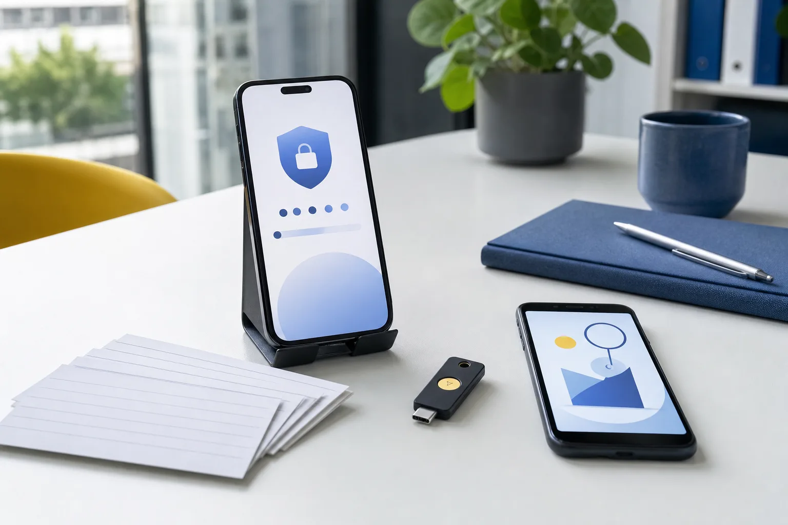 Smartphone, beveiligingssleutel en blanco herstelkaarten op een rustig kantoor