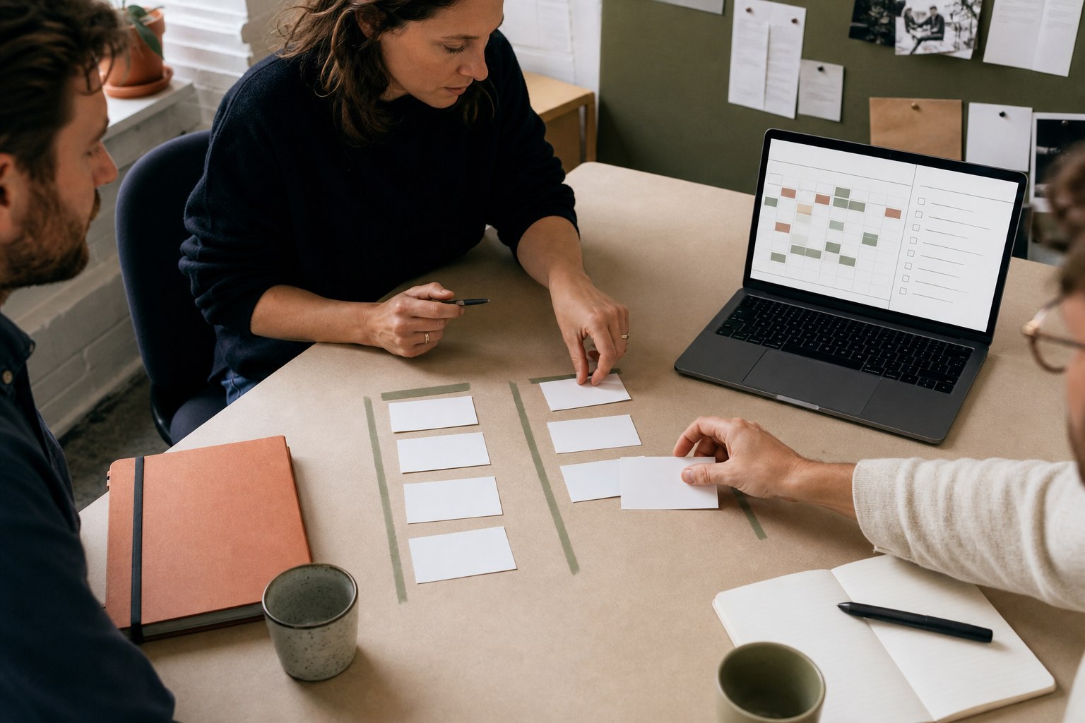 Drie collega's ordenen papieren taakkaarten naast een laptop met een planning